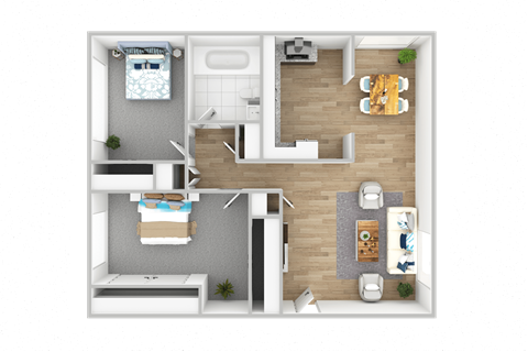 A top-down view of a small apartment with a kitchen, living room, and bedroom.